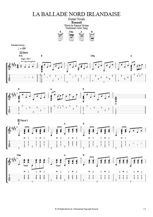 La ballade Nord Irlandaise Renaud guitar pro tab AGuitar Guitar & Vocals mysongbook