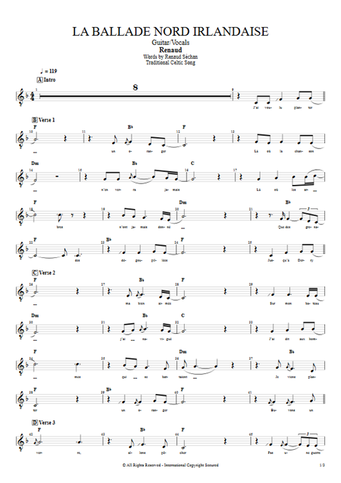 La ballade Nord Irlandaise Renaud guitar pro tab Vocals Guitar & Vocals mysongbook