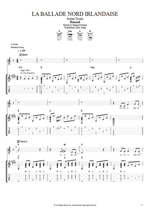 La ballade Nord Irlandaise Renaud guitar pro tab Full Score Guitar & Vocals mysongbook