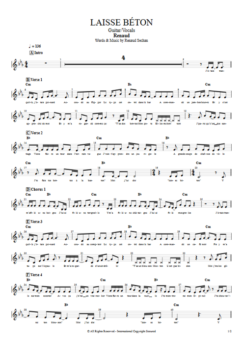 Laisse béton Renaud guitar pro tab Vocals Guitar & Vocals mysongbook