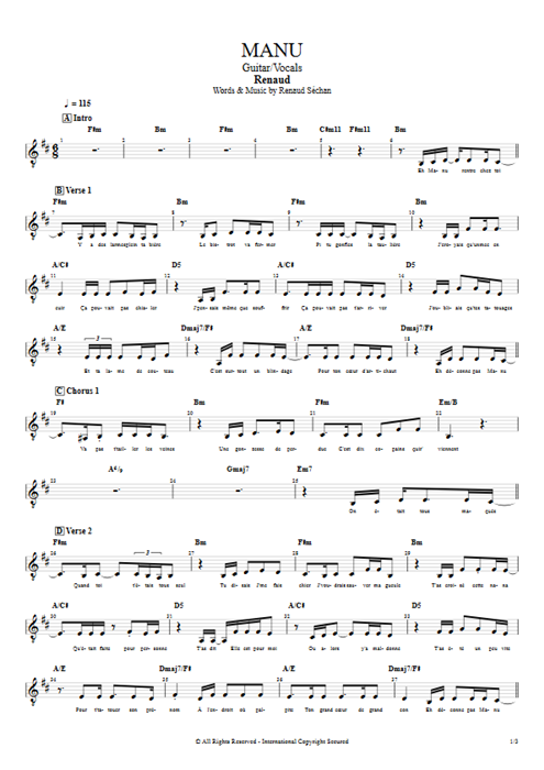 Manu Renaud guitar pro tab Vocals Guitar & Vocals mysongbook