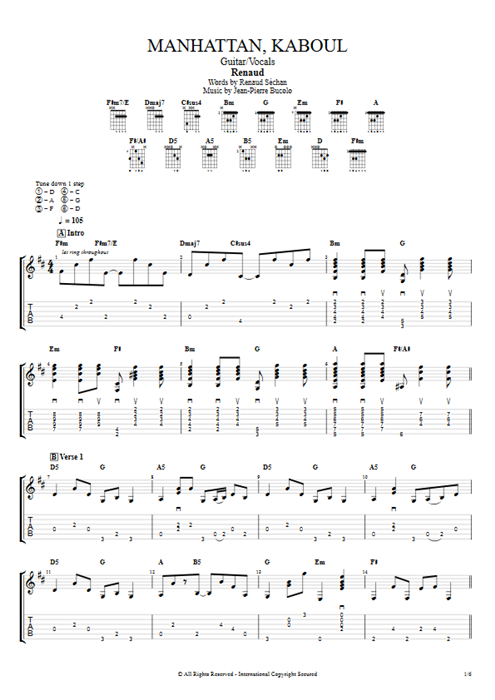 Manhattan, Kaboul Renaud guitar pro tab AGuitar Guitar & Vocals mysongbook