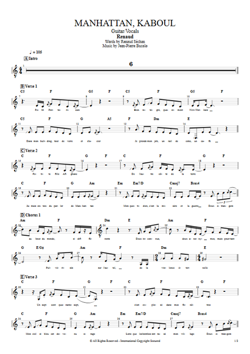 Manhattan, Kaboul Renaud guitar pro tab Vocals Guitar & Vocals mysongbook