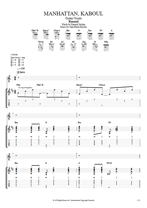 Manhattan, Kaboul Renaud guitar pro tab Full Score Guitar & Vocals mysongbook