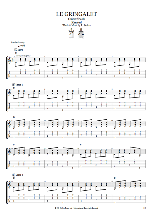 Le Gringalet Renaud guitar pro tab AGuitar Guitar & Vocals mysongbook