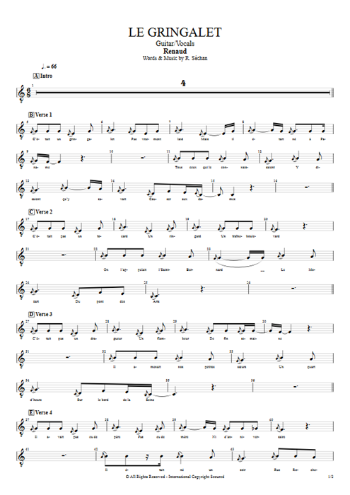 Le Gringalet Renaud guitar pro tab Vocals Guitar & Vocals mysongbook