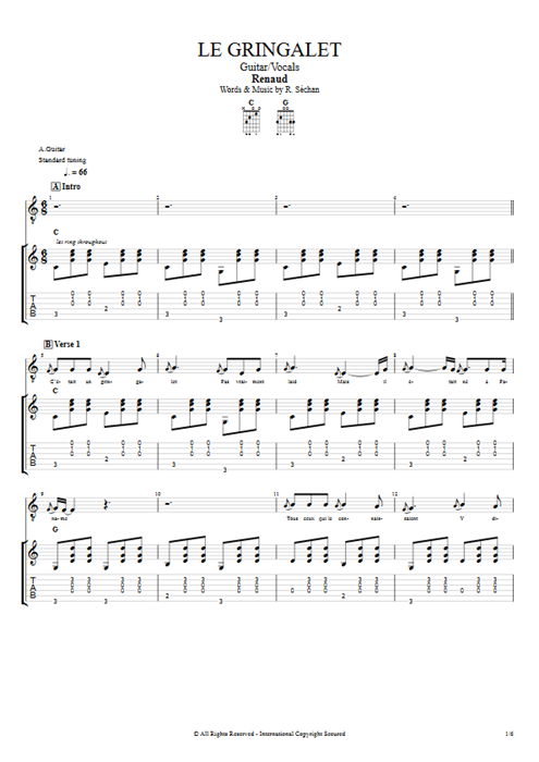 Le Gringalet Renaud guitar pro tab Full Score Guitar & Vocals mysongbook