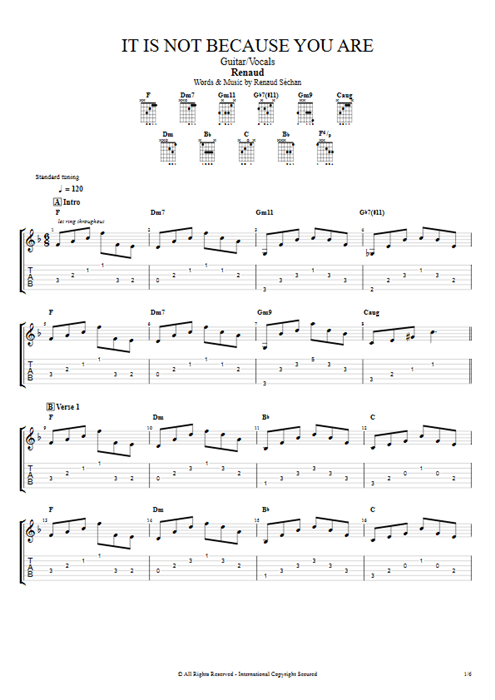 It Is Not Because You Are Renaud guitar pro tab AGuitar Guitar & Vocals mysongbook