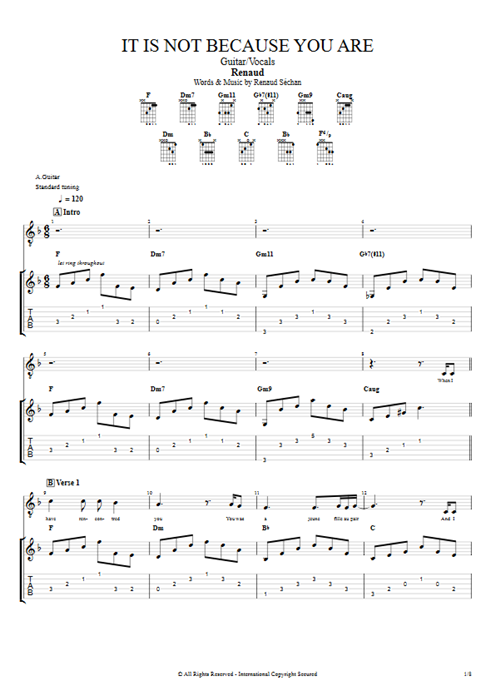 It Is Not Because You Are Renaud guitar pro tab Full Score Guitar & Vocals mysongbook