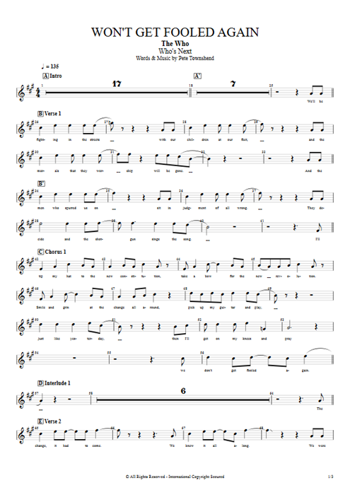 Won't Get Fooled Again The Who guitar pro tab Vocals Full Score mysongbook