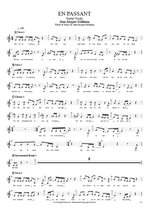 En passant Jean-Jacques Goldman guitar pro tab Vocals Guitar & Vocals mysongbook