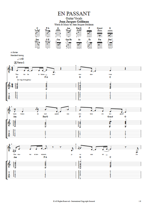 En passant Jean-Jacques Goldman guitar pro tab Full Score Guitar & Vocals mysongbook