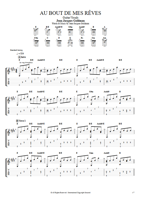 Au bout de mes rêves Jean-Jacques Goldman guitar pro tab AGuitar Guitar & Vocals mysongbook
