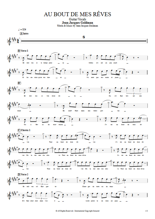 Au bout de mes rêves Jean-Jacques Goldman guitar pro tab Vocals Guitar & Vocals mysongbook