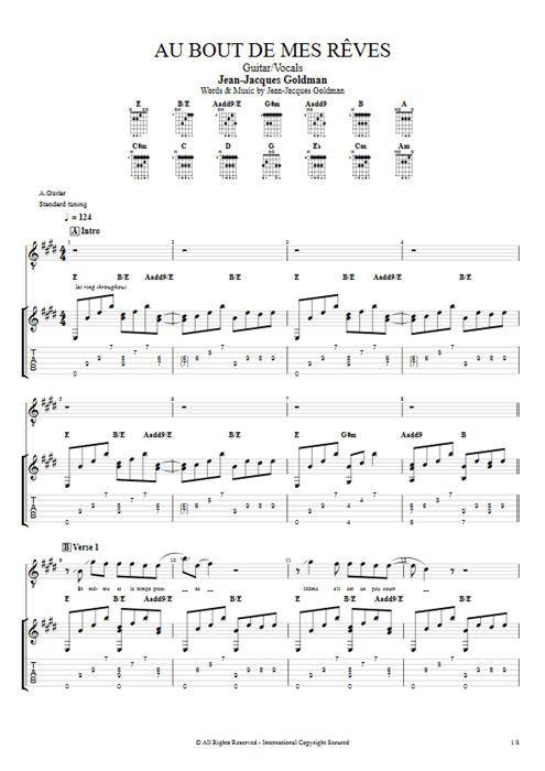 Au bout de mes rêves Jean-Jacques Goldman guitar pro tab Full Score Guitar & Vocals mysongbook