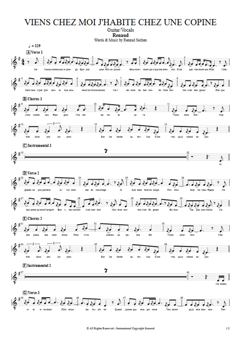Viens chez moi j'habite chez une copine Renaud guitar pro tab Vocals Guitar & Vocals mysongbook