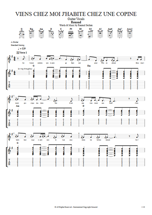 Viens chez moi j'habite chez une copine Renaud guitar pro tab Full Score Guitar & Vocals mysongbook