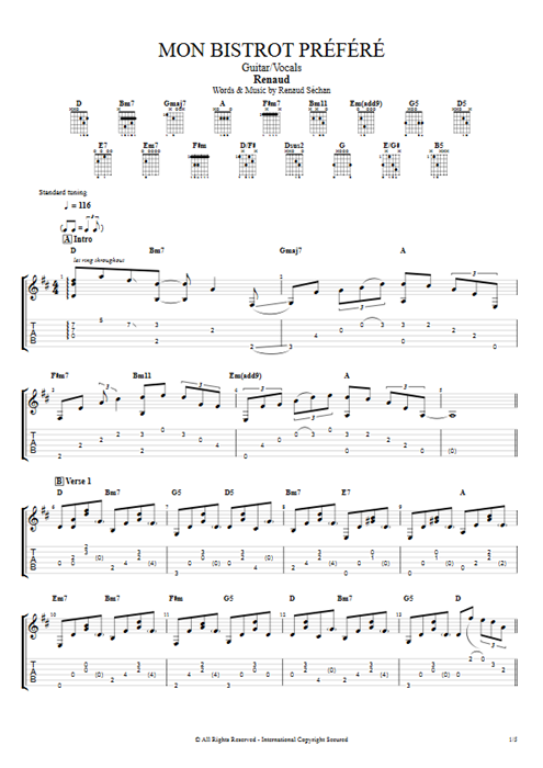 Mon bistrot préféré Renaud guitar pro tab AGuitar Guitar & Vocals mysongbook