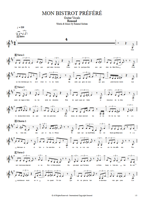 Mon bistrot préféré Renaud guitar pro tab Vocals Guitar & Vocals mysongbook