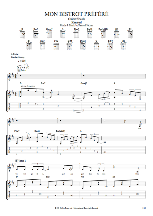 Mon bistrot préféré Renaud guitar pro tab Full Score Guitar & Vocals mysongbook