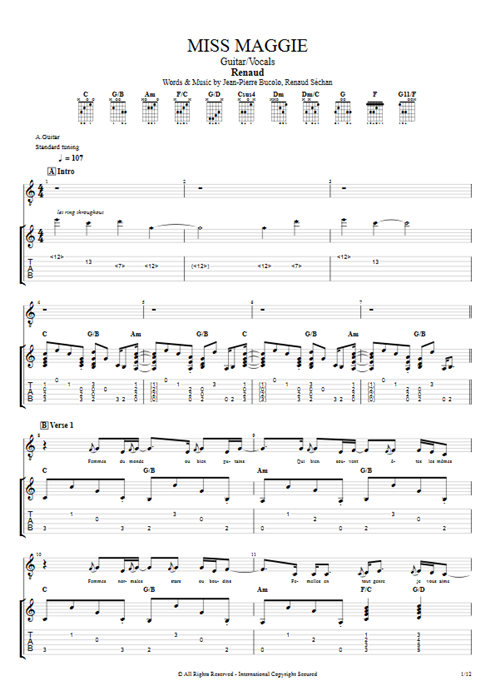 Miss Maggie Renaud guitar pro tab Full Score Guitar & Vocals mysongbook