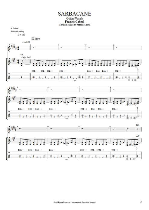 Sarbacane Francis Cabrel guitar pro tab Full Score Guitar & Vocals mysongbook