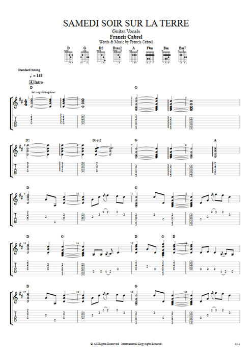 Samedi soir sur la terre Francis Cabrel guitar pro tab AGuitar Guitar & Vocals mysongbook