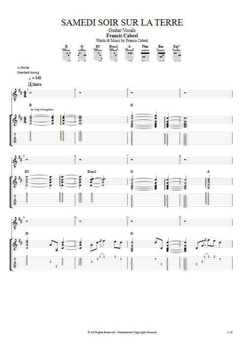 Samedi soir sur la terre Francis Cabrel guitar pro tab Full Score Guitar & Vocals mysongbook