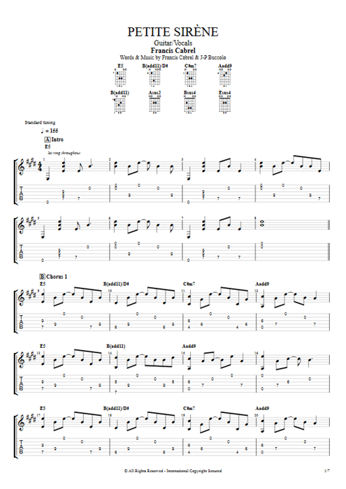 Petite sirène Francis Cabrel guitar pro tab AGuitar Guitar & Vocals mysongbook