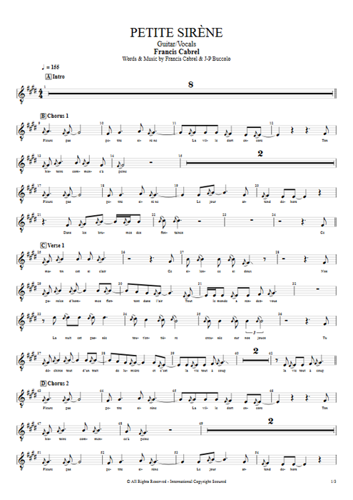 Petite sirène Francis Cabrel guitar pro tab Vocals Guitar & Vocals mysongbook