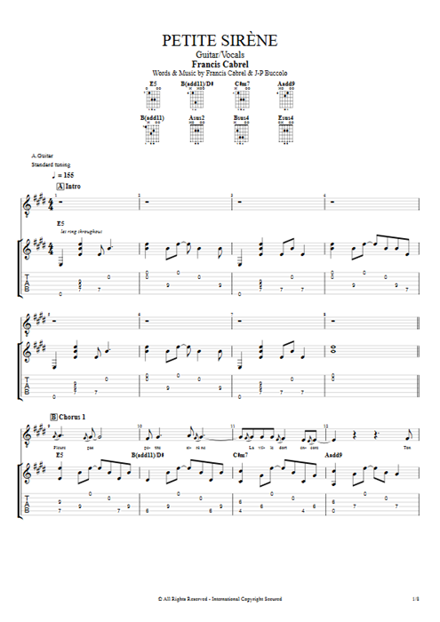 Petite sirène Francis Cabrel guitar pro tab Full Score Guitar & Vocals mysongbook