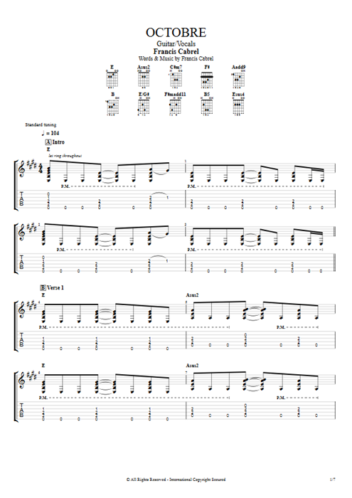 Octobre Francis Cabrel guitar pro tab AGuitar Guitar & Vocals mysongbook