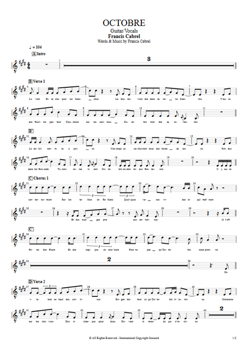Octobre Francis Cabrel guitar pro tab Vocals Guitar & Vocals mysongbook
