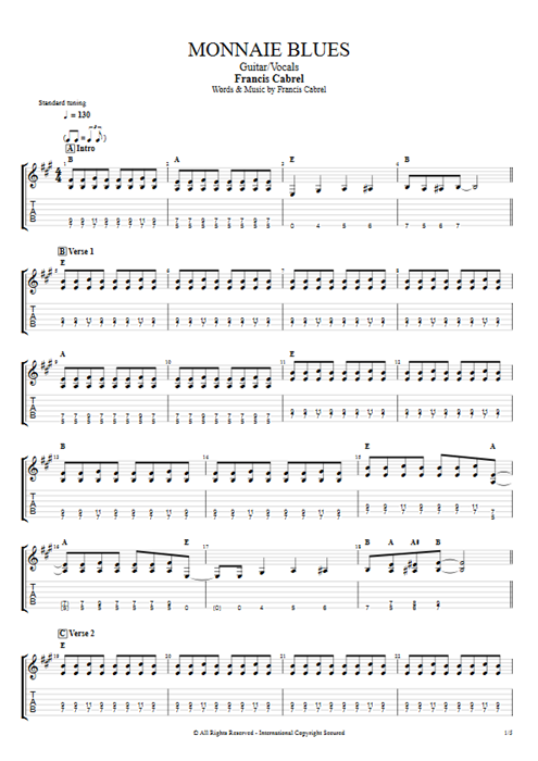 Monnaie Blues Francis Cabrel guitar pro tab AGuitar Guitar & Vocals mysongbook