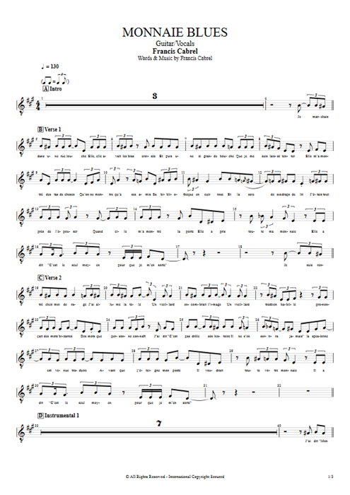 Monnaie Blues Francis Cabrel guitar pro tab Vocals Guitar & Vocals mysongbook