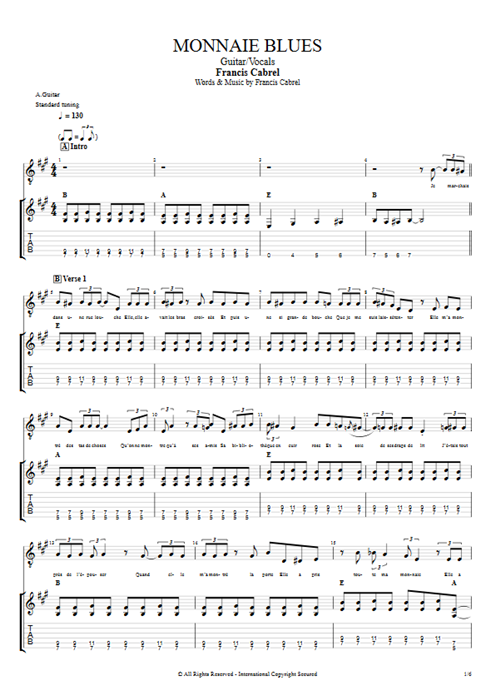 Monnaie Blues Francis Cabrel guitar pro tab Full Score Guitar & Vocals mysongbook