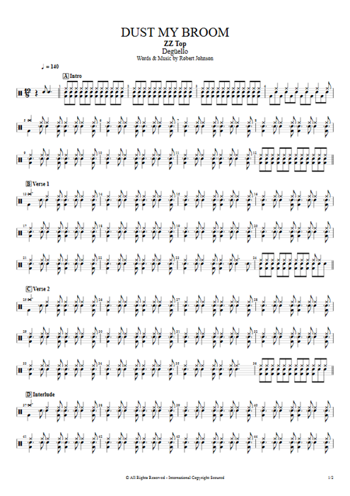 Dust My Broom ZZ Top guitar pro tab Drums Full Score mysongbook