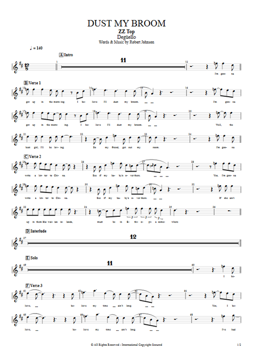 Dust My Broom ZZ Top guitar pro tab Vocals Full Score mysongbook