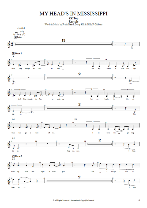 My Head's in Mississippi ZZ Top guitar pro tab Vocals Full Score mysongbook