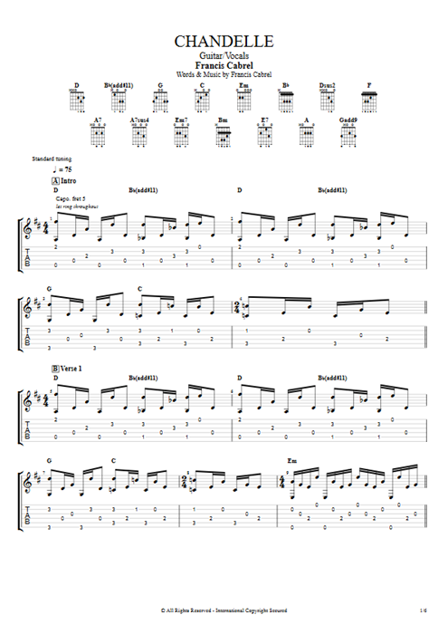 Chandelle Francis Cabrel guitar pro tab AGuitar Guitar & Vocals mysongbook