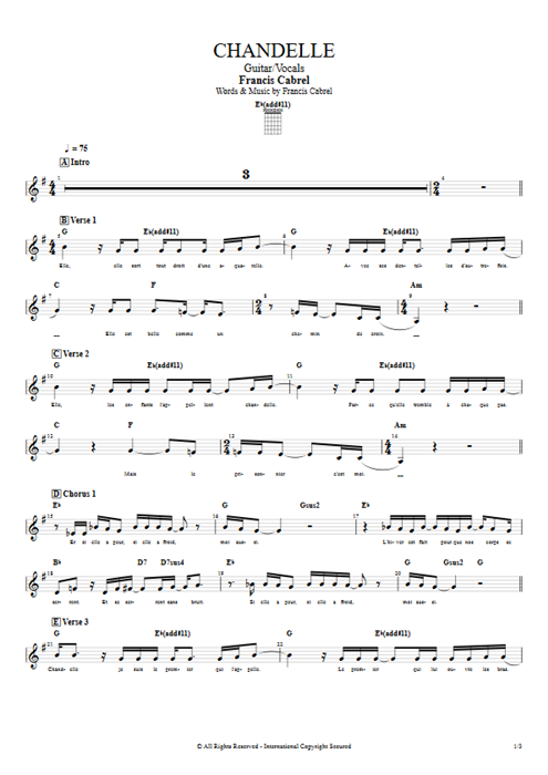 Chandelle Francis Cabrel guitar pro tab Vocals Guitar & Vocals mysongbook