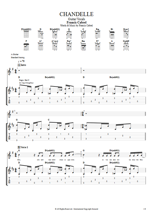 Chandelle Francis Cabrel guitar pro tab Full Score Guitar & Vocals mysongbook