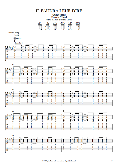 Il faudra leur dire Francis Cabrel guitar pro tab AGuitar Guitar & Vocals mysongbook