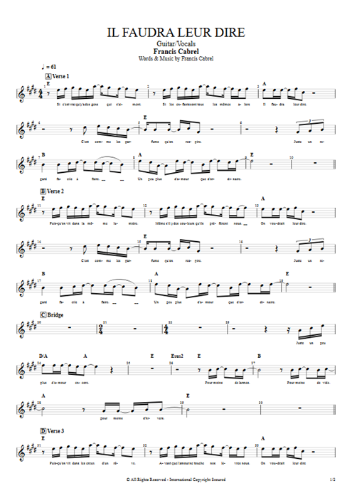 Il faudra leur dire Francis Cabrel guitar pro tab Vocals Guitar & Vocals mysongbook