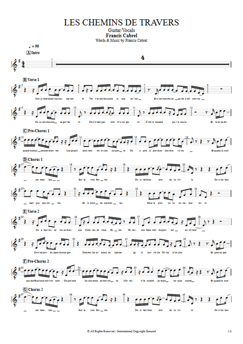 Les chemins de rraverse Francis Cabrel guitar pro tab Vocals Guitar & Vocals mysongbook