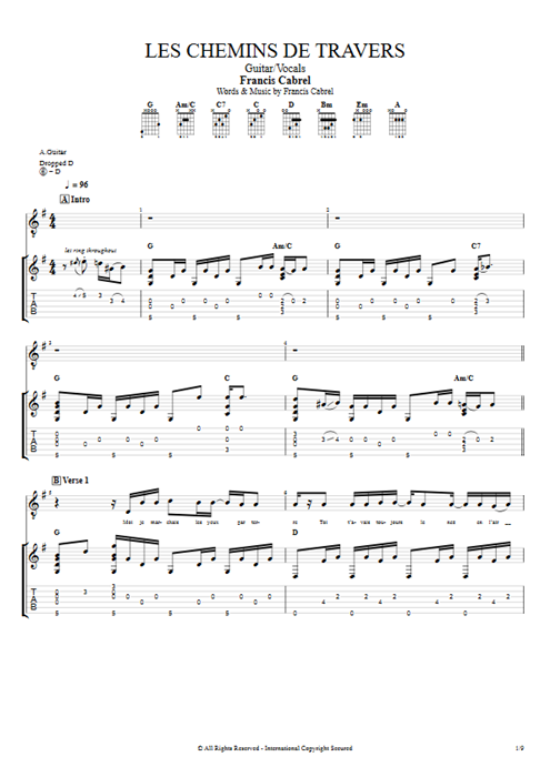 Les chemins de rraverse Francis Cabrel guitar pro tab Full Score Guitar & Vocals mysongbook