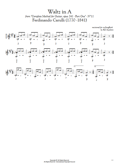 Opus 241 Part One Waltz in A (N°11) Ferdinando Carulli guitar pro tab AGuitar Solo Guitar mysongbook