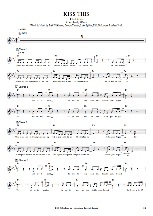 Kiss This The Struts guitar pro tab Vocals Full Score mysongbook