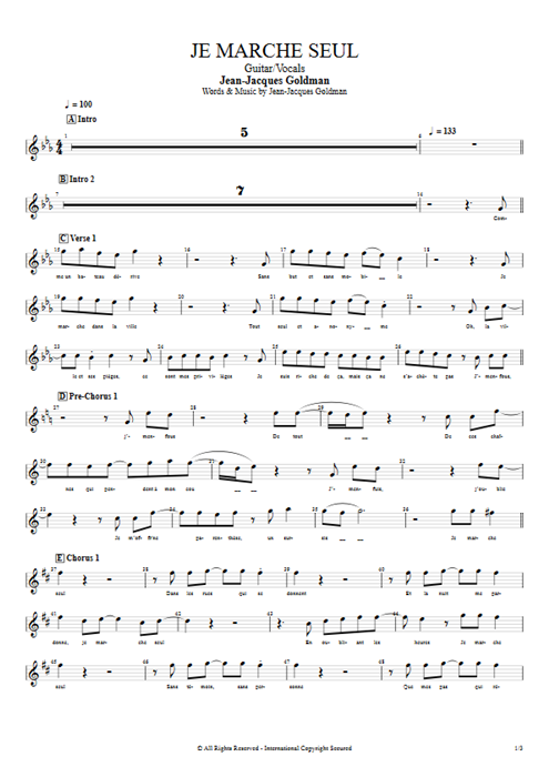Je marche seul Jean-Jacques Goldman guitar pro tab Vocals Guitar & Vocals mysongbook