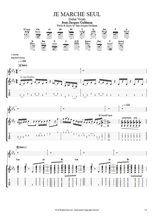 Je marche seul Jean-Jacques Goldman guitar pro tab Full Score Guitar & Vocals mysongbook
